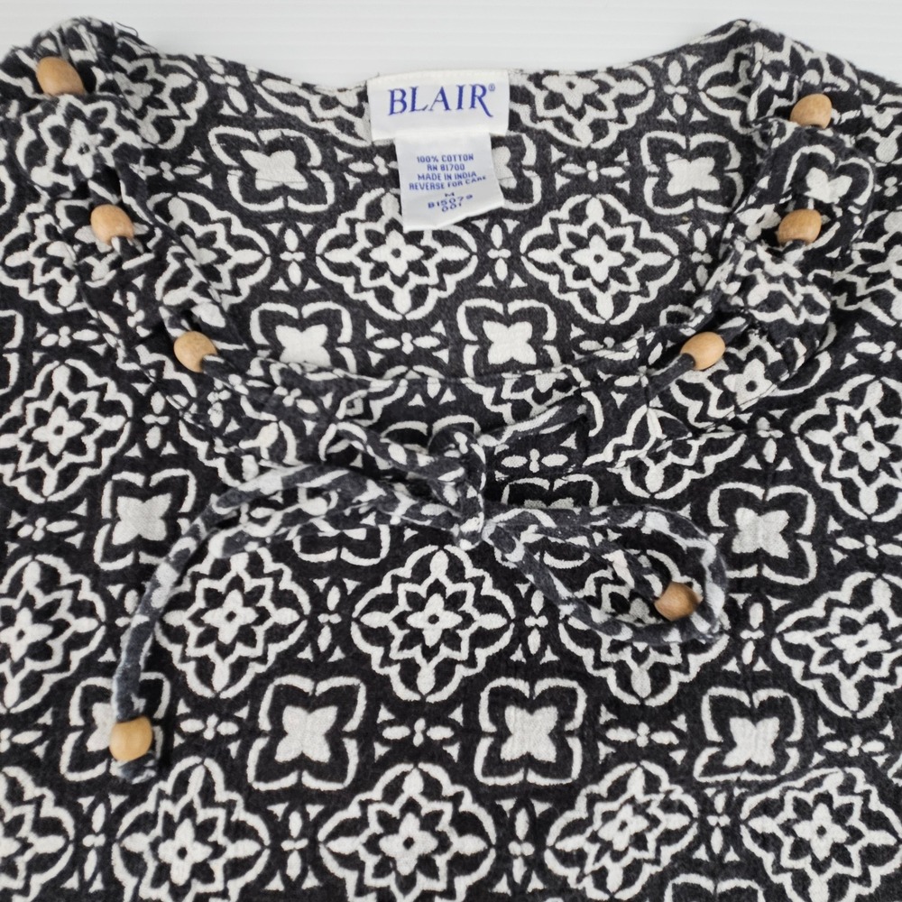 Blair Womens Cotton Boho Medallion Print Top Black White Wood Bead Lace Up M